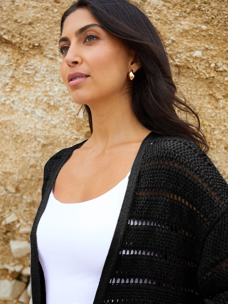 Threadbare Black Longline Crochet Knit Cardigan - Image 4 of 4