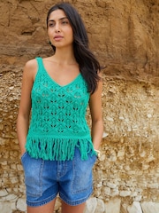 Threadbare Green Tassel Fringe Crochet Knit Vest Top - Image 1 of 4