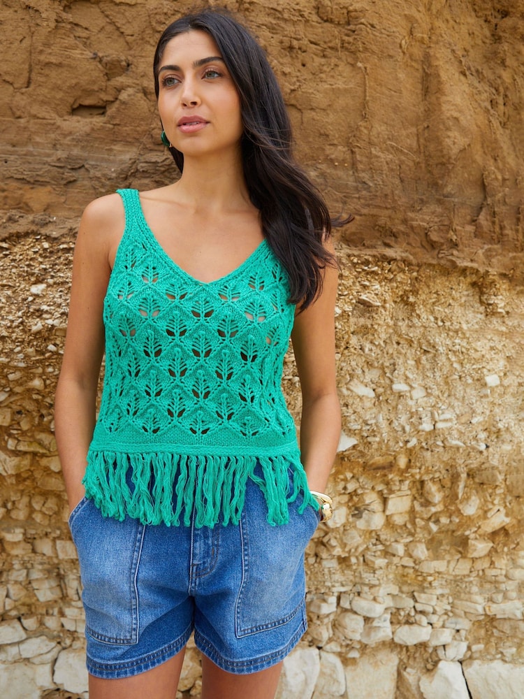 Threadbare Green Tassel Fringe Crochet Knit Vest Top - Image 1 of 4