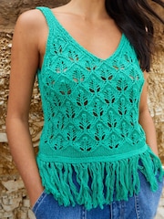Threadbare Green Tassel Fringe Crochet Knit Vest Top - Image 4 of 4
