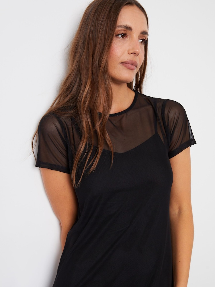 Threadbare Black Sheer Mesh T-Shirt Maxi Dress With Cami Slip - Image 4 of 4