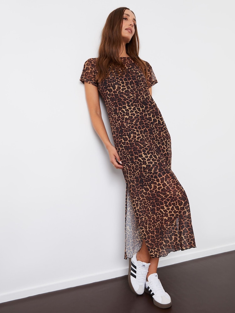 Threadbare Brown Sheer Mesh T-Shirt Maxi Dress With Cami Slip - Image 1 of 4