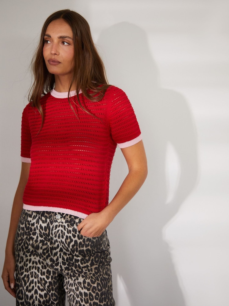 Threadbare Red Contrast Tipping Crochet Knit T-Shirt - Image 1 of 4