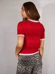 Threadbare Red Contrast Tipping Crochet Knit T-Shirt - Image 2 of 4