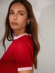 Threadbare Red Contrast Tipping Crochet Knit T-Shirt - Image 4 of 4
