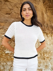 Threadbare Black Contrast Tipping Crochet Knit T-Shirt - Image 1 of 4