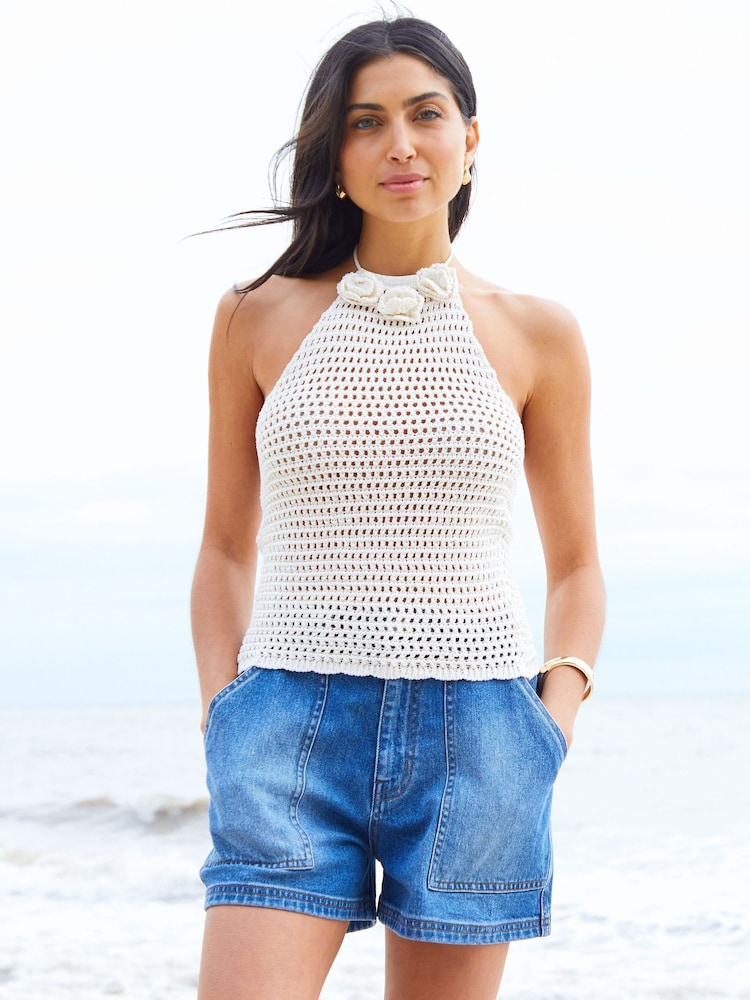 Threadbare Brown Crochet Corsage Detail Knitted Halterneck Top - Image 1 of 4