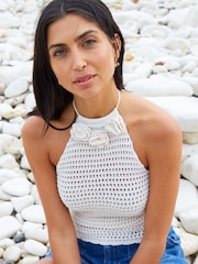 Threadbare Brown Crochet Corsage Detail Knitted Halterneck Top - Image 4 of 4
