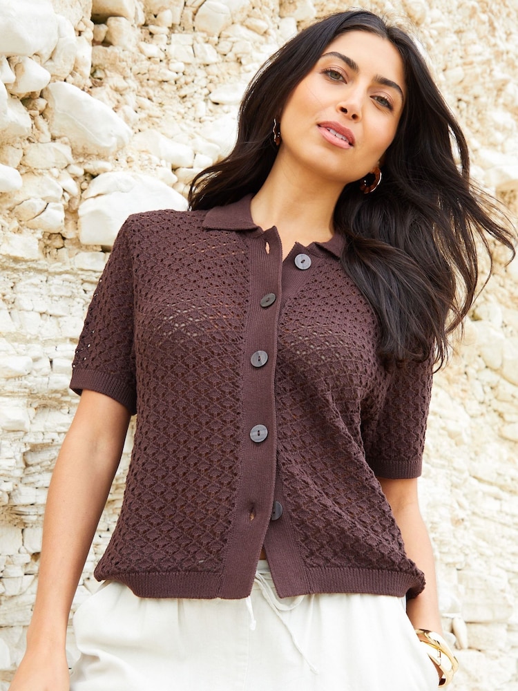Threadbare Brown Crochet Knit Short Sleeve 100% Cotton Shirt - Image 1 of 5