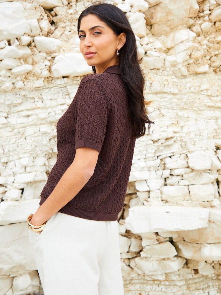 Threadbare Brown Crochet Knit Short Sleeve 100% Cotton Shirt - Image 2 of 5 Threadbare Brown Crochet Knit Short Sleeve 100% Cotton Shirt - Image 2 of 5