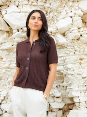 Threadbare Brown Crochet Knit Short Sleeve 100% Cotton Shirt - Image 3 of 5