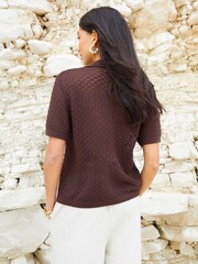 Threadbare Brown Crochet Knit Short Sleeve 100% Cotton Shirt - Image 4 of 5