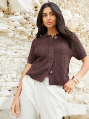 Threadbare Brown Crochet Knit Short Sleeve 100% Cotton Shirt - Image 5 of 5