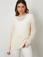 Threadbare Brown Slash Neck Open Knit Longline Jumper - Image 1 of 9