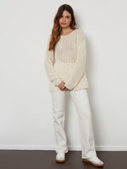 Threadbare Brown Slash Neck Open Knit Longline Jumper - Image 6 of 9