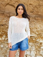 Threadbare Brown Slash Neck Open Knit Longline Jumper - Image 7 of 9