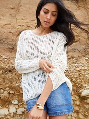Threadbare Brown Slash Neck Open Knit Longline Jumper - Image 8 of 9
