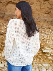 Threadbare Brown Slash Neck Open Knit Longline Jumper - Image 9 of 9