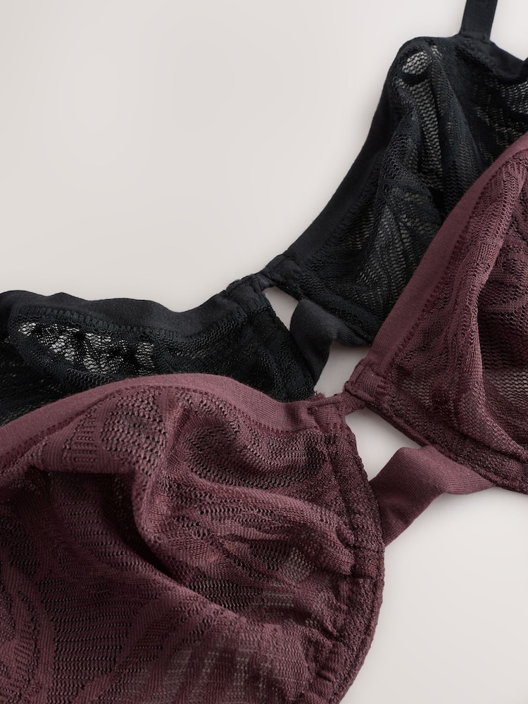Noir/Pourpre - Ultimate Comfort Soft Brushed Lace Bras 2 Pack A-E - Image 11 of 13