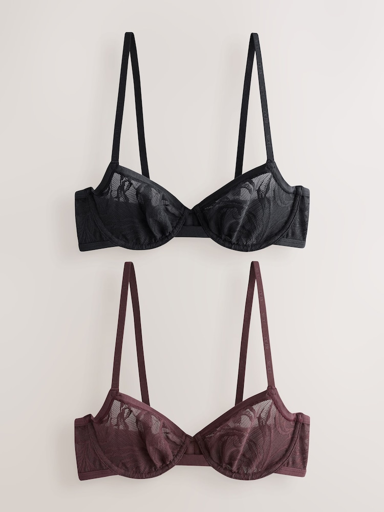 Noir/Pourpre - Ultimate Comfort Soft Brushed Lace Bras 2 Pack A-E - Image 8 of 13