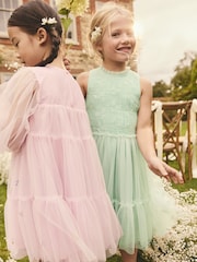 Sage Green Tiered Mesh & Lace Flower Girl Dress (3-16yrs) - Image 2 of 8