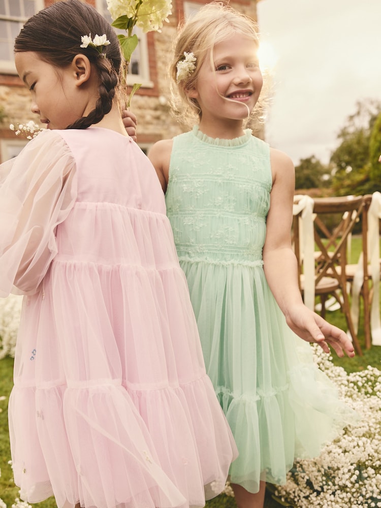 Sage Green Tiered Mesh & Lace Flower Girl Dress (3-16yrs) - Image 2 of 8