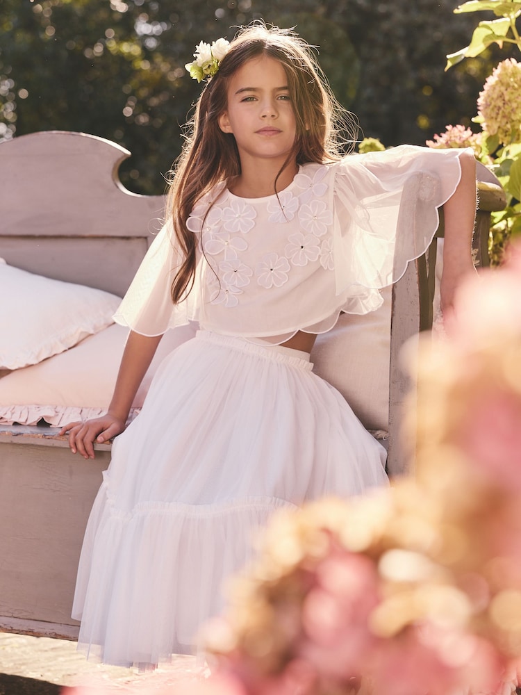 Buy White 3D Flower Flower Girl Top and Skirt Set (3-16yrs) from