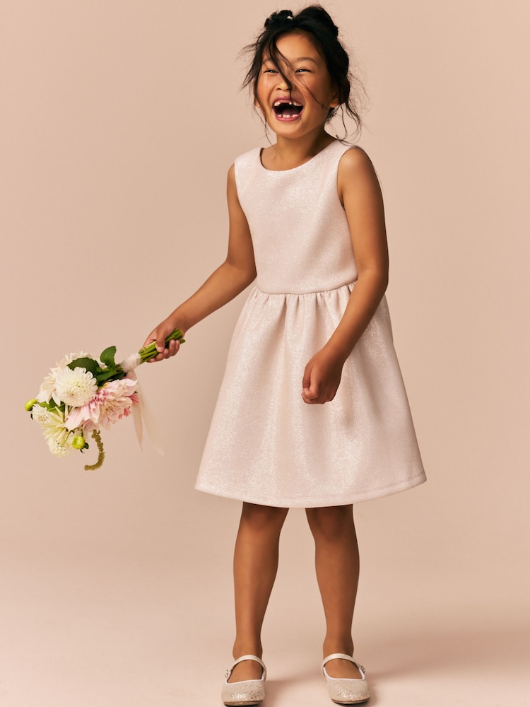 Champagne Gold Bow Detail Scuba Dress (3-16yrs) - Image 4 of 8