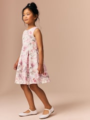 Ecru/Pink Floral Cut Out Detail Scuba Occasion Dress (1.5-16yrs) - Image 2 of 9