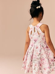 Ecru/Pink Floral Cut Out Detail Scuba Occasion Dress (1.5-16yrs) - Image 4 of 9