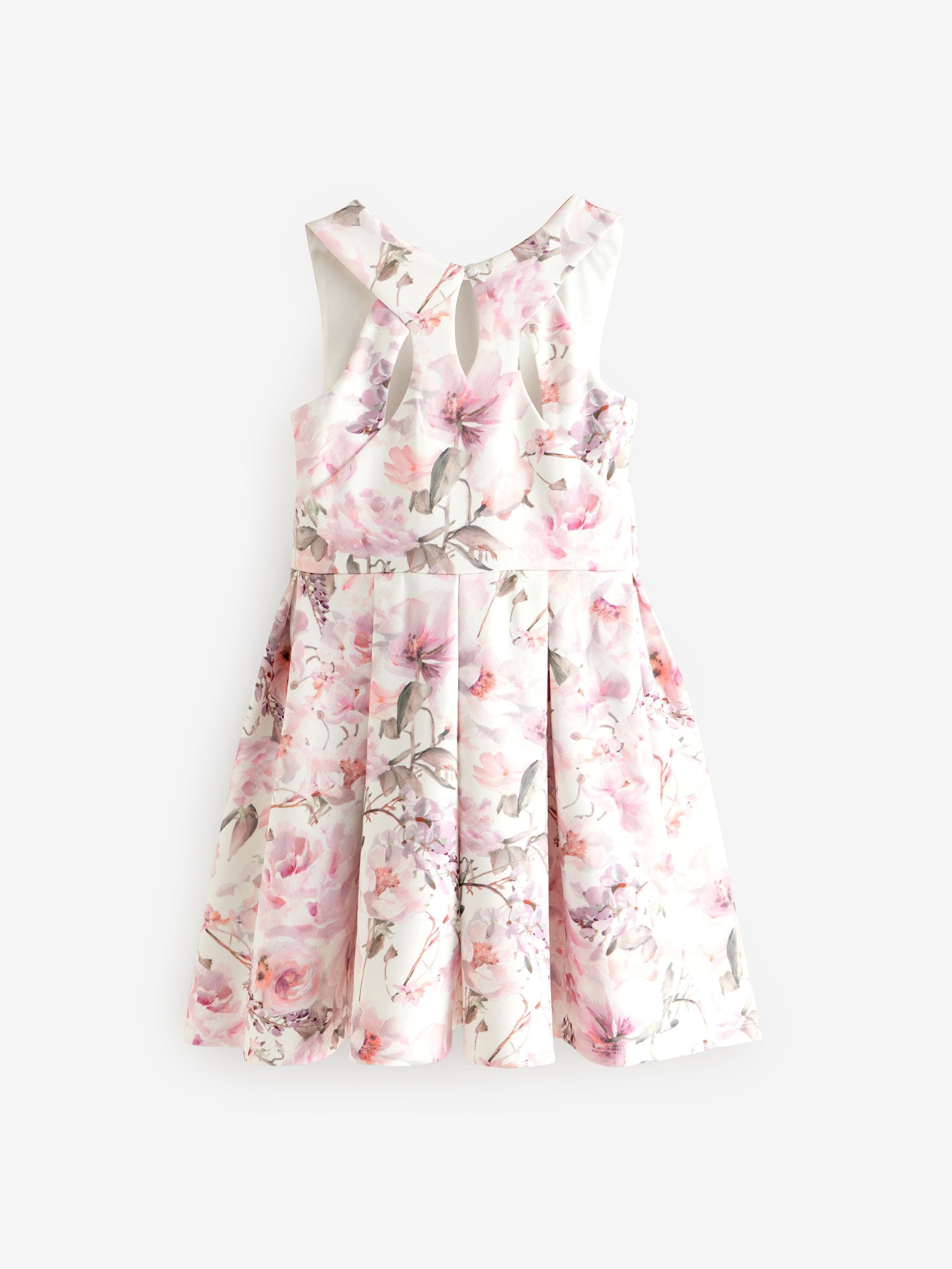 Buy Ecru/Pink Floral Cut Out Detail Scuba Occasion Dress