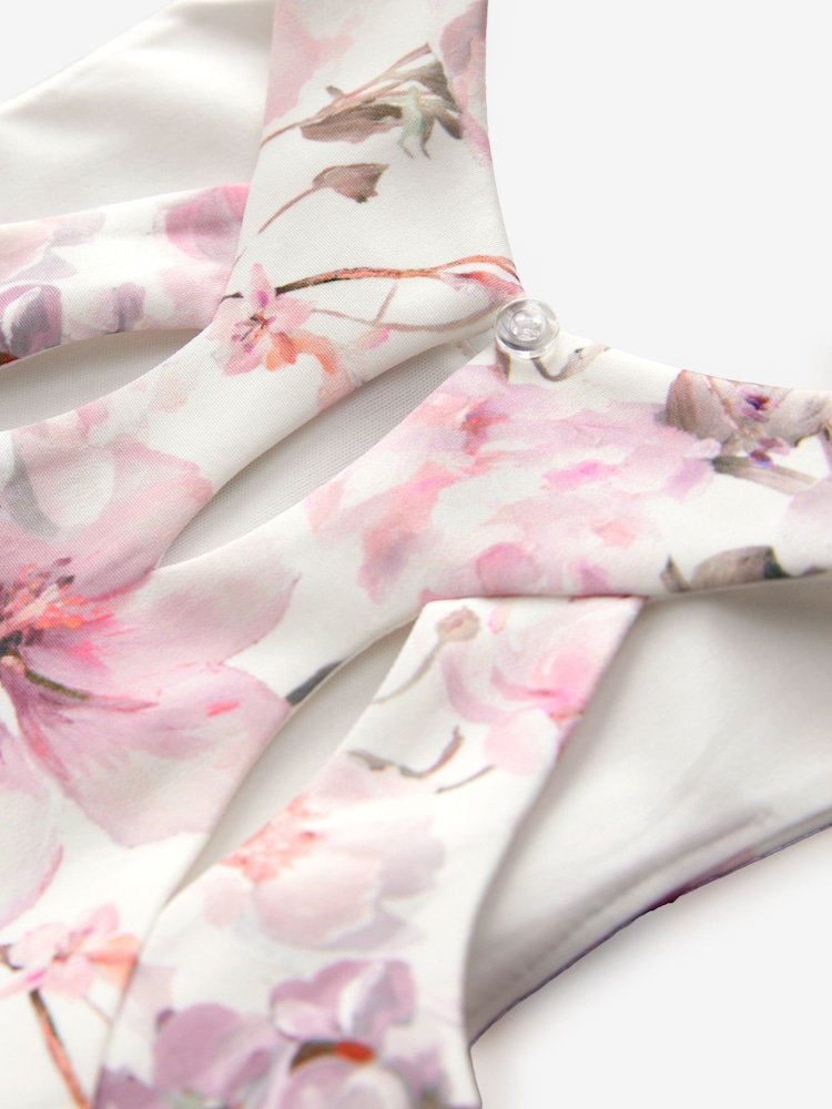 Ecru/Pink Floral Cut Out Detail Scuba Occasion Dress (1.5-16yrs) - Image 9 of 9