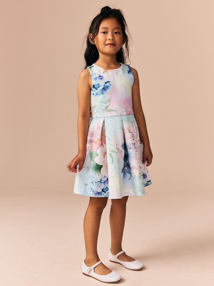 Blue Floral Cut Out Detail Scuba Occasion Dress (1.5-16yrs) - Image 2 of 9