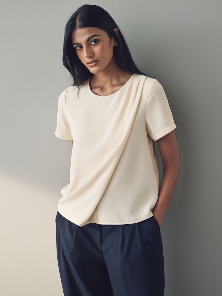 Cream Short Sleeve Crepe Asymmetric Top - Image 1 of 7