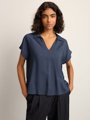 Navy Relaxed Fit Short Sleeve V-Neck Overhead Top with Collar - Image 1 of 6