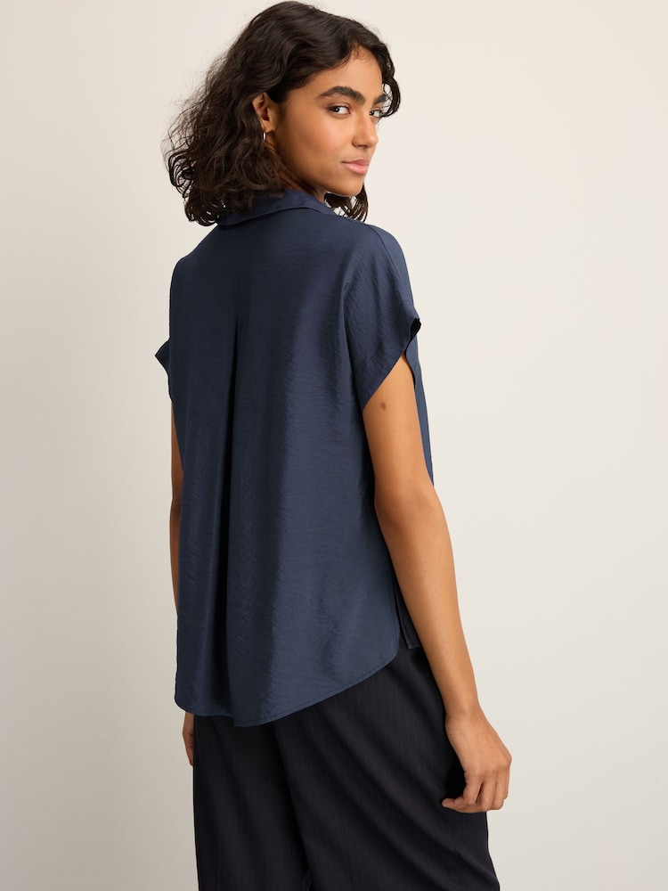 Navy Relaxed Fit Short Sleeve V-Neck Overhead Top with Collar - Image 2 of 6