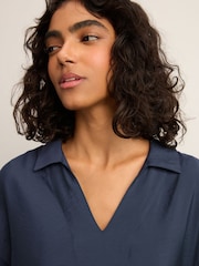 Navy Relaxed Fit Short Sleeve V-Neck Overhead Top with Collar - Image 3 of 6