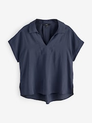 Navy Relaxed Fit Short Sleeve V-Neck Overhead Top with Collar - Image 4 of 6