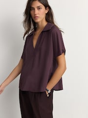 Red Burgundy Relaxed Fit Short Sleeve V-Neck Overhead Top with Collar - Image 1 of 8