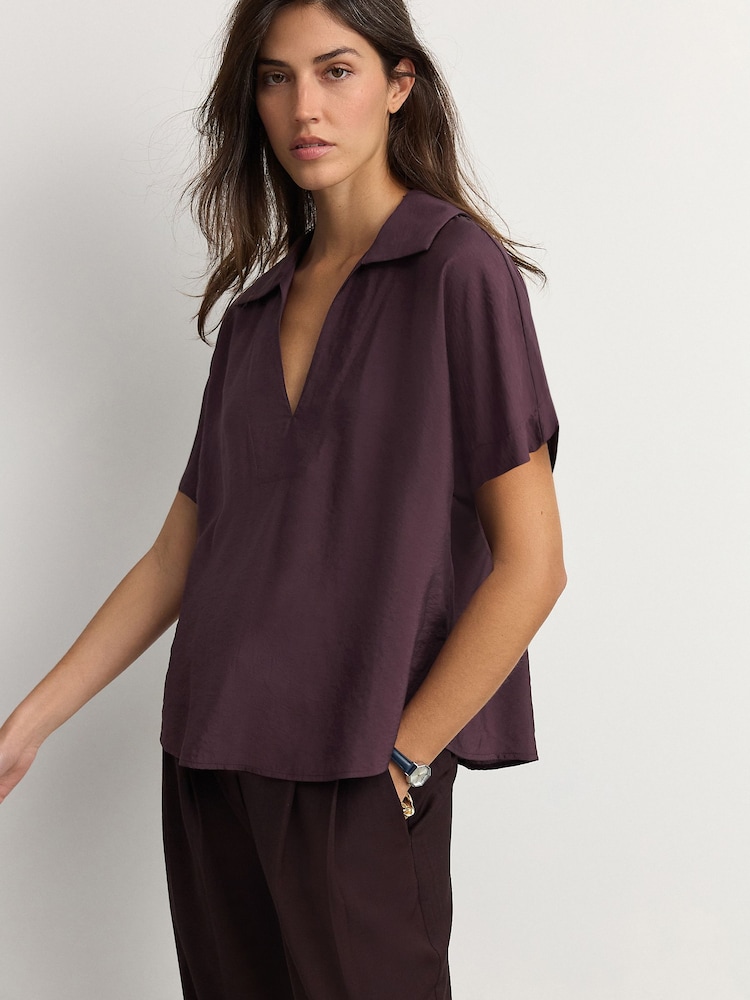Red Burgundy Relaxed Fit Short Sleeve V-Neck Overhead Top with Collar - Image 1 of 8