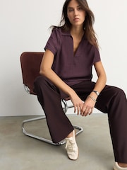 Red Burgundy Relaxed Fit Short Sleeve V-Neck Overhead Top with Collar - Image 2 of 8