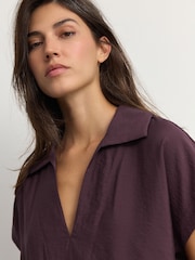Red Burgundy Relaxed Fit Short Sleeve V-Neck Overhead Top with Collar - Image 5 of 8