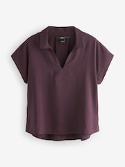Red Burgundy Relaxed Fit Short Sleeve V-Neck Overhead Top with Collar - Image 6 of 8