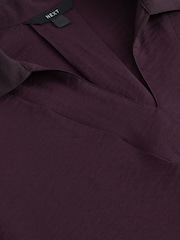 Red Burgundy Relaxed Fit Short Sleeve V-Neck Overhead Top with Collar - Image 8 of 8