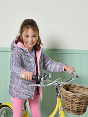 Joules Kids' Cairn Pink Ditsy Showerproof Padded Coat with Hood - Image 2 of 6