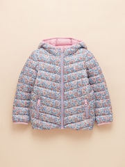 Joules Kids' Cairn Pink Ditsy Showerproof Padded Coat with Hood - Image 3 of 6