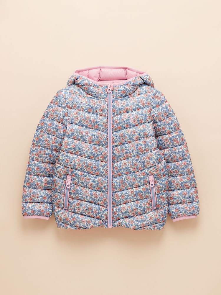 Joules Kids' Cairn Pink Ditsy Showerproof Padded Coat with Hood - Image 3 of 6