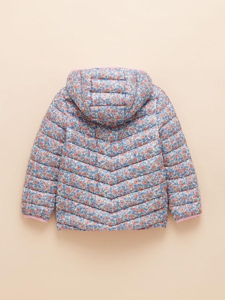 Joules Kids' Cairn Pink Ditsy Showerproof Padded Coat with Hood - Image 4 of 6