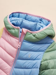 Joules Kids' Cairn Blue Hotchpotch Showerproof Padded Coat with Hood - Image 3 of 6