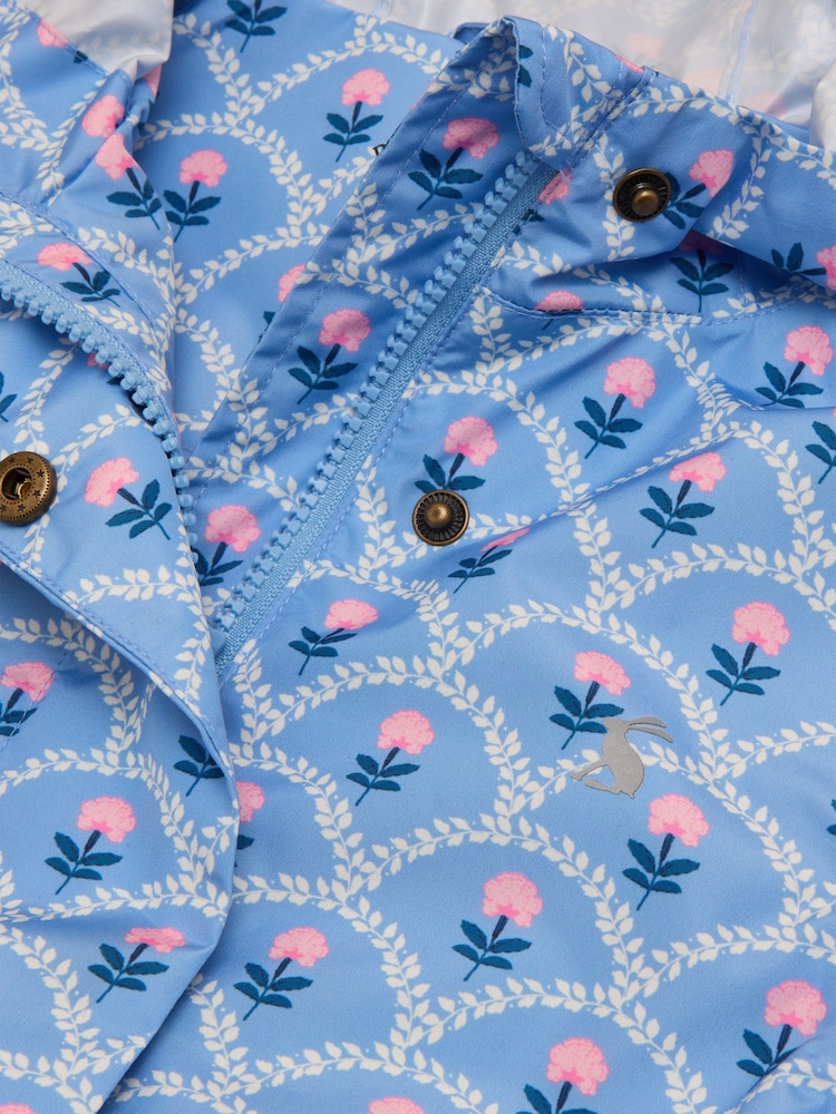 Joules Rainford Blue Floral Waterproof Packable Raincoat With Hood - Image 6 of 9